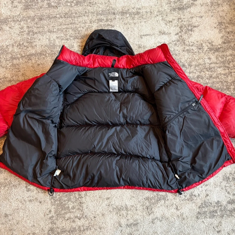Vintage 90s North Face Nuptse 700 Fill Down Red Black Hooded Center Logo Puffer